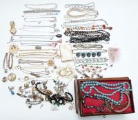 A silver necklace, Mexican silver bracelet, silver gilt signet ring, necklaces including diamanté