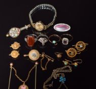 Victorian micro mosaic brooch, 9ct gold ring, silver serpent ring, silver and agate ring,