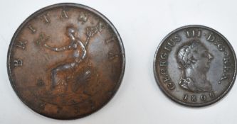 George III 1799 copper halfpenny with five incused portholes, together with an 1806 copper farthing,