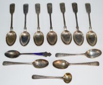 Various hallmarked silver teaspoons including a set of seven Victorian fiddle pattern examples,