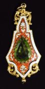 A late 19th/early 20thC gold pendant set with red and white enamel and to the centre a pear cut