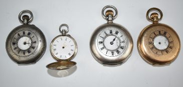 Four keyless winding half hunter pocket watches comprising three silver and one gold plated, largest
