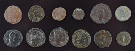 Twelve Roman Imperial AE4 and AE3/4 coins comprising Constantinius I and II, Theodosius I and II,