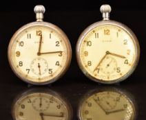 Two Cyma military issue keyless winding open faced pocket watches each with subsidiary seconds
