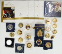 London Mint Windsor Coin Collection gold plated and coloured Royal commemorative coins, some with