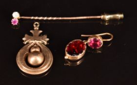 Victorian stick pin set with a diamond and ruby, Victorian 15ct gold earring set with foiled
