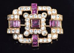 Art Deco 14ct gold brooch set with rubies and white sapphires, 8.4g, 3 x 2.5cm