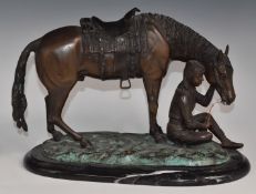 Leonardo Rossi bronze study of a girl resting with her horse, signed to base and on marble plinth,