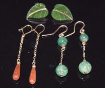 Three pairs of 9ct gold earrings, one set with aventurine quartz the other sunstone and nephrite