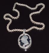 Victorian silver locket depicting a warrior on Victorian silver chain with barrel clasp, 36.6g