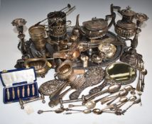 Silver and plated ware to include embossed hallmarked silver hand mirror and two brush backs, silver