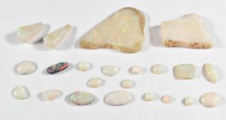 A collection of loose opals including oval cabochons, a black opal, and two drop sections, 15g