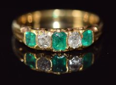 Victorian 18ct gold ring set with alternating diamonds and emeralds, 3.5g, size K/L
