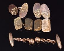 Three pairs of 9ct gold cufflinks, one Chester 1919, 14.9g