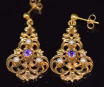 A pair of 9ct gold earrings set with an amethyst and pearls, 6.7g, 3cm