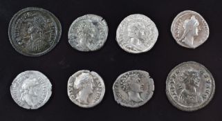 Eight Roman Imperial Denarius coins comprising Faustina Senior (Diva) 147AD, Antonius Pius with