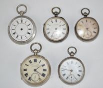 Five hallmarked silver open faced pocket watches including G Aaronson of Manchester, C B Sturgess,