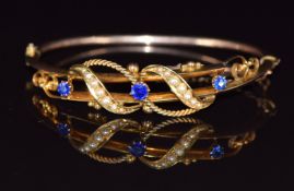 Edwardian 9ct gold bangle set with seed pearls and paste, Chester 1905, 7.3g, 4.7 x 5.5cm