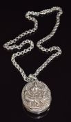 Tibetan silver locket depicting a god on a peacock, on Victorian silver chain, 55.6g