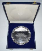 Elizabeth II hallmarked silver card tray, Birmingham 1986, maker Albert Edward Jones, diameter 16cm,