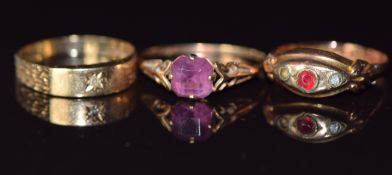 Three 9ct gold rings, one set with a diamond the other paste, 3.9g