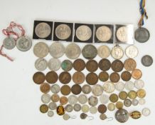 A small collection of coins etc to include worn William III shilling, George III sixpences,