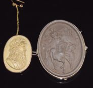 Victorian brooch set with a lava cameo verso carved 'Da Vina' (2.5 x 3.4cm) and a silver brooch