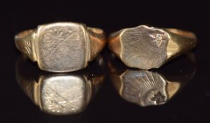 Two 9ct gold signet rings, one set with a diamond in a star setting, 4.8g