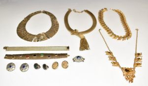 Monet necklace, Liberty pewter earrings, Trifari earrings, two vintage bracelets and three