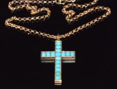 Victorian/ Edwardian 9ct gold cross pendant set with turquoise and rose cut diamonds, on 9ct gold