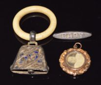 Edwardian 9ct gold locket, silver 'baby' brooch and silver rattle and teething ring engraved 'Baby'