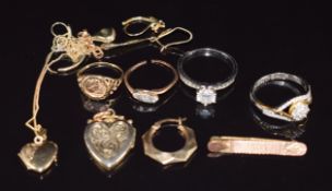 Two 9ct gold rings (2.1g), Victorian heart locket, two silver rings, 9ct gold chain, locket and