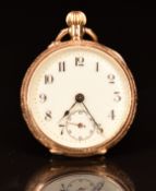 Unsigned 14ct gold keyless winding open faced pocket watch with blue enamel case back blued hands,