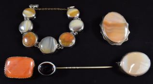 Victorian banded agate stick pin, Victorian agate bracelet and three Victorian brooches set with