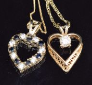 Two 9ct gold heart pendants, one set with sapphires and cubic zirconia the other cubic zirconia,
