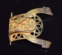 A section of yellow metal buckle with figural and Greek key decoration, 7.9g