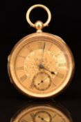 R Showering of Bristol 18ct gold open faced pocket watch with subsidiary seconds dial, blued