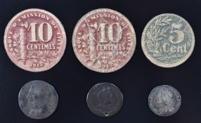 George II shilling, sixpence, farthing and war tokens