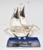 White metal model of a Middle Eastern sailing boat stamped 925, height 17cm, weight excluding base