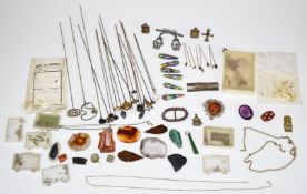 A collection of jewellery including two hallmarked silver hat pins, other hat pins, millefiori