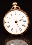Unsigned 14ct gold keyless winding open faced pocket watch with blued hands, black Roman numerals,