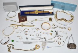 A collection of costume jewellery including watches, earrings, rolled gold bangles, silver rings,