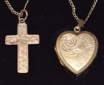 Victorian 9ct gold cross (1893), 9ct gold chain (1.8g) and a 9ct gold back and front locket