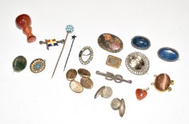 Two Victorian silver brooches set with moss agate, two pairs of silver cufflinks, agate pendant with