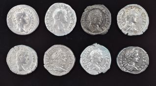 Eight Roman Imperial Denarius coins comprising Vespasian 74AD, NVF, Tiberius 'tribute penny' AD 14-