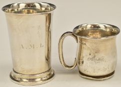 Two hallmarked silver mugs or beakers comprising one with handle, Sheffield 1940, maker Viner's Ltd,