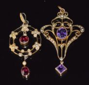 Two Edwardian 9ct gold pendants, one set with garnets and seed pearls the other amethysts and seed