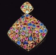 A 9ct gold pendant set with pear, oval and round cut sapphires, rubies and topaz, 4.5 x 6cm, 20g