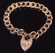 Edwardian 9ct rose gold curb link bracelet with engraved links and heart padlock clasp, Chester