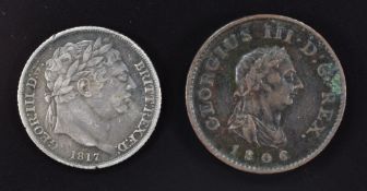 Fourth Soho Mint George III 1806 farthing, together with a 1817 bull head sixpence, both VF-EF